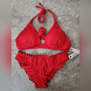 S/S VS Swim Removable PushUp Halter Bikini Top Ruffle Cheeky Bikini Set Red